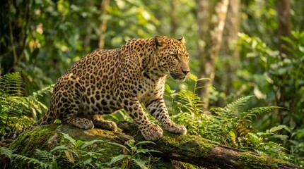 Magnificent wild leopard with a spotted coat crouches on a mossy log in a lush green jungle, its intense amber eyes fixed on something in the distance