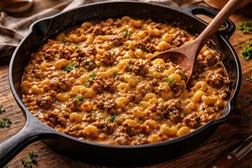 Flat cooking view of homemade hamburger helper in a sturdy cast iron skillet
