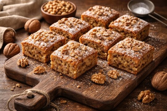 Homemade square walnut cake slices arranged on rustic wood board