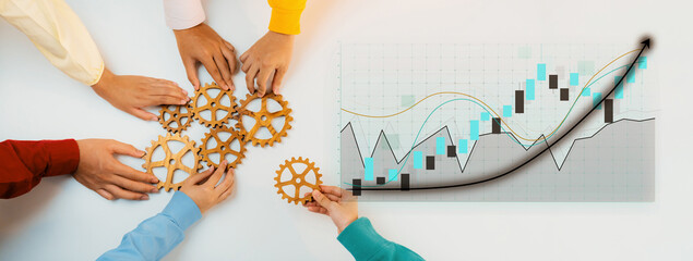 A diverse group of hands interacting with gears and a financial chart. This image represents teamwork, business growth, and strategic planning in a professional environment. Axiom