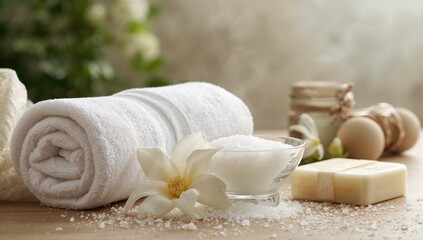 Spa arrangement featuring rolled towel salt bowl and soap, focused on wellness and cleanliness, World Wellness Day