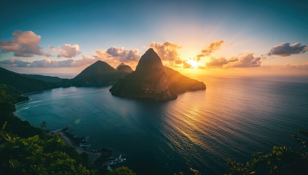 Santa Lucia Pitons at sunset with cotton candy clouds and blue sky, tropical island scenery for travel and honeymoon, World Malaria Day