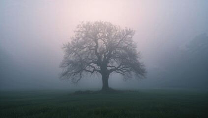 Tree silhouette shrouded in dense fog, used for atmospheric UI backdrop or visual storytelling