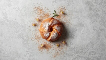 Easter cake made with yeast dough resting on a light gray surface, ideal for bakery layout