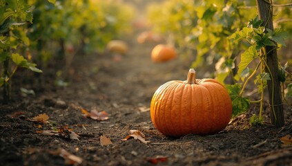 Ground-level view of a pumpkin in a pumpkin patch, seasonal harvest scene
