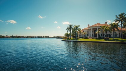 Obraz premium Luxury home backyard with waterfront perspective focusing on landscape features and outdoor living, Earth Day