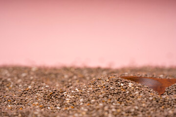Chia seeds in a wooden bowl with a wooden spoon