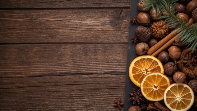 Holiday themed backdrop with dried citrus, spices, and nuts arranged on a dark wooden surface, festive setting