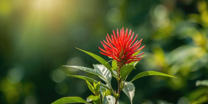 Red pentas lanceolata flowers with green leaves, suitable as a vibrant floral background for text or layout design