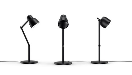 Set of four perspectives of a black table lamp for reading, functional lighting and interior use