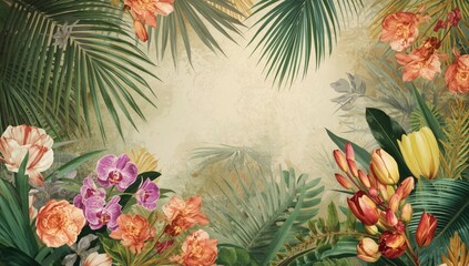 Pattern of exotic flowers and dense foliage in tropical style, ideal for fabric or wallpaper backgrounds