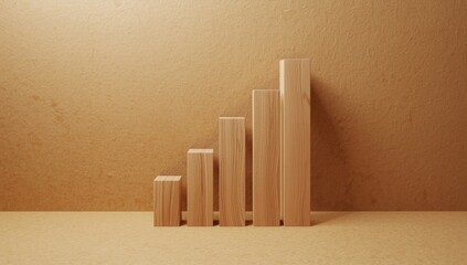 Four-step wooden block bar chart on recycled paper, illustrating investment, income, inflation, and business growth processes