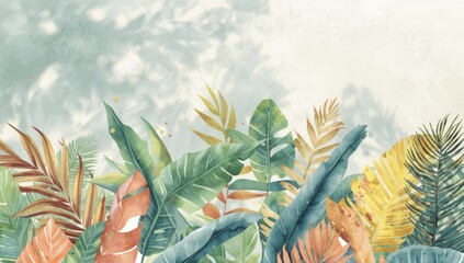 Watercolor tropical plant leaves with hand-painted details designed for editorial header backgrounds