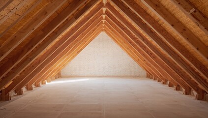 Attic floor framing with wooden joists in a newly built white brick residence, emphasizing structural setup