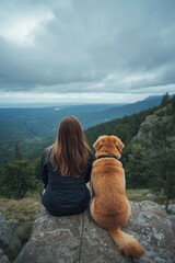 A serene back view captures a person and their loyal golden-toned dog sitting peacefully on a rugged rock, gazing out at an expansive mountain panorama. Under a dramatic, cloudy sky, the vast landscap