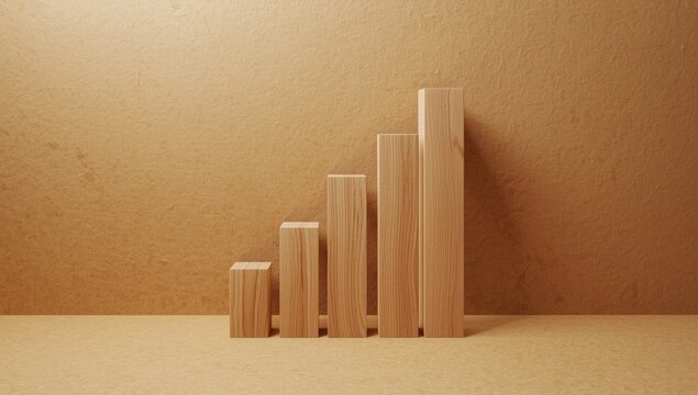 Four-step wooden block bar chart on recycled paper, illustrating investment, income, inflation, and business growth processes - Powered by Adobe