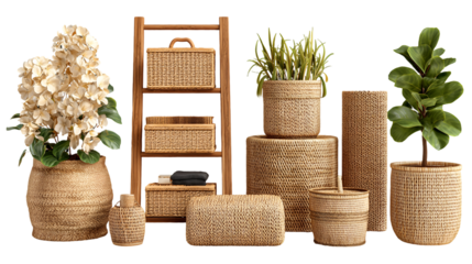 A beautiful collection of woven rattan storage baskets and planters featuring decorative plants on transparent background