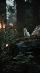 A pristine white feline sits gracefully atop an ancient, moss-covered vehicle, its rusted hood slowly being reclaimed by nature in a secluded, overgrown environment. A delicate pink rose blossoms near