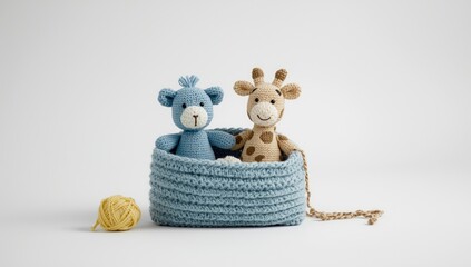 Knitted stuffed animals, a blue bear and giraffe holding hands inside a wallet, highlighting artisanal craft techniques, for World Craft Month