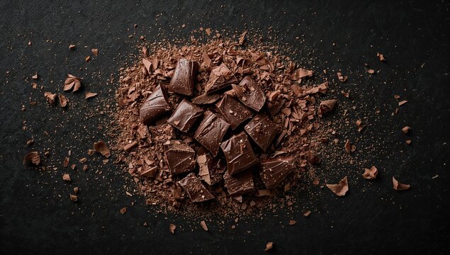 Dark background with scattered chocolate pieces, grated chocolate, and spices, food preparation process