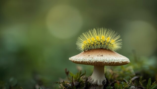 Vivid larva of Calliteara pudibunda resting on a fungus, highlighting insect survival strategies