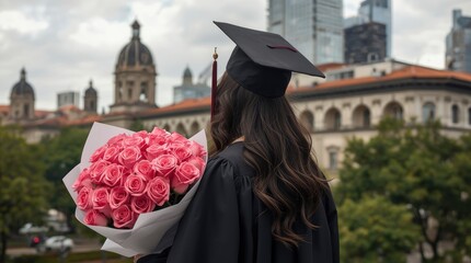 A person stands with their back to the viewer, proudly wearing a traditional academic cap and gown, signifying a momentous educational achievement. They hold a vibrant bouquet of fresh pink roses, add