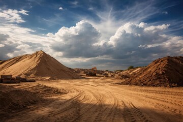 Open construction site with sand dune and earth piles under sky with blue and white cloud formations