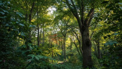 Lush green foliage on tree branches, suitable for layout backgrounds or editorial headers, Earth Day
