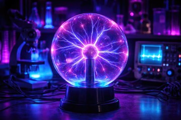 Laboratory plasma ball under purple and blue light showcasing electrical energy experiment