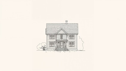 Line art of a standalone house highlighting structural details for architectural study