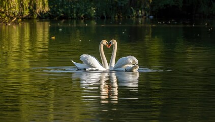 Pair of swans performing courtship behavior on a lake, emphasizing reproductive display