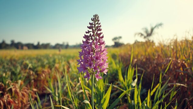 Striga hermonthica flowers attached to sorghum and rice plants in Africa, emphasizing parasitic growth patterns