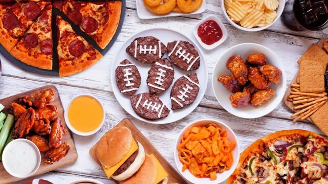 Super Bowl or football theme food table scene. Slow rotating zoom motion. Pizza, hamburgers, wings, snacks and sides. Top down view on a white wood background.