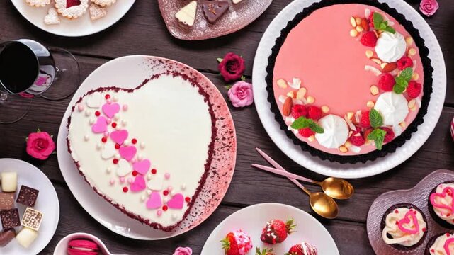 Valentines Day table scene with a selection of desserts and sweets. Slow rotating zoom motion. Top down view on a dark wood background. Love and hearts theme.