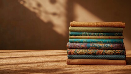 Colorful embroidered textile stacks used as a backdrop for craft display or layout design