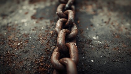 Fototapeta premium Rust-covered chain against a textured metal surface, highlighting industrial aging processes