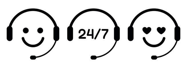 Customer Support Headset Icons Set with Smiley Face Love Emotion and 24 7 Service Symbol Simple Black Chatbot Helpdesk Assistance Concept
