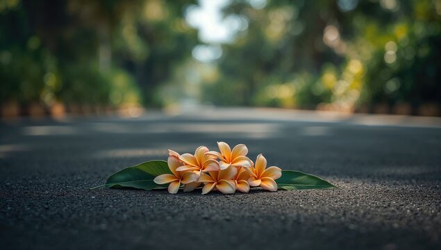 Kamboja blossoms and foliage scattered on a street, highlighting plant debris in urban areas