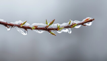 Macro shot of a twig with green leaves and buds coated in ice from icy rain, illustrating climate change effects