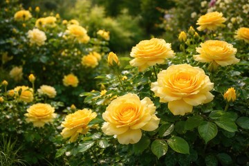 Radiant yellow rose blooms enhancing the rich greenery of a flourishing garden