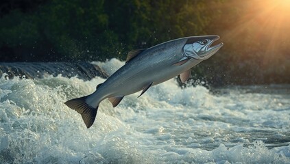 Fototapeta premium King Salmon actively jumping upstream in a natural river setting during spawning season