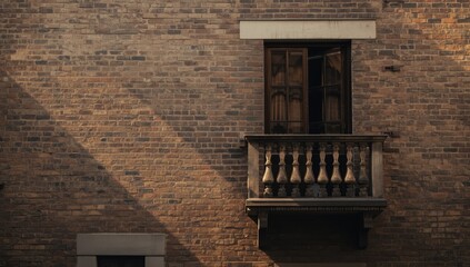 Wood and concrete balcony in front of upper level window on old brick building, serving as a structural feature in historic renovation