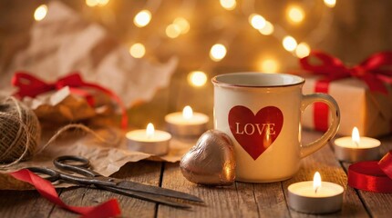 Fototapeta premium Cozy Valentine's Day scene with heart mug, chocolate, candles, and festive decorations on a wooden table