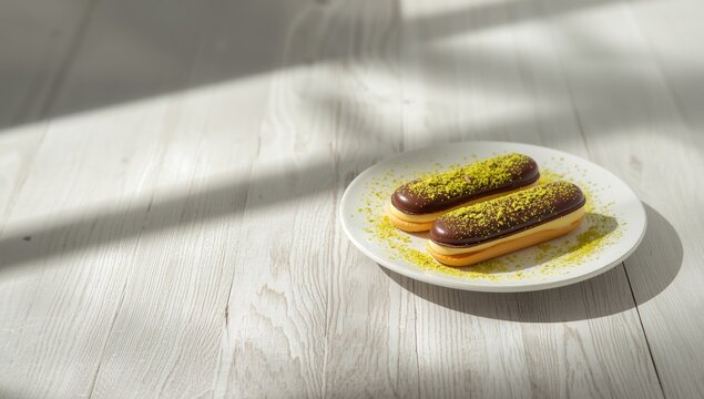 Chocolate eclairs with cream filling and pistachio powder on table, highlighting baked goods for dessert display