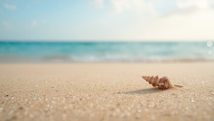 Sea shell on beach with water and sky backdrop, suitable as a background for text or layout in summer travel designs