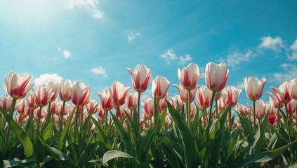 Spring flower display featuring white and red tulips under a bright blue sky, ideal for nature-themed layouts