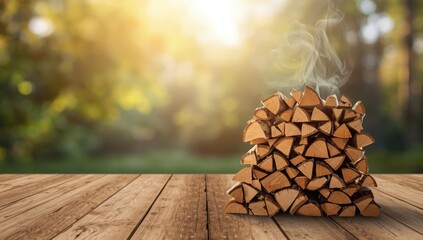 Stacked outdoor wood ready for fireplace or wood stove, highlighting winter heating preparation