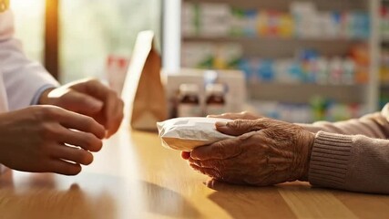 Healthcare professional providing medication to elderly patient in pharmacy