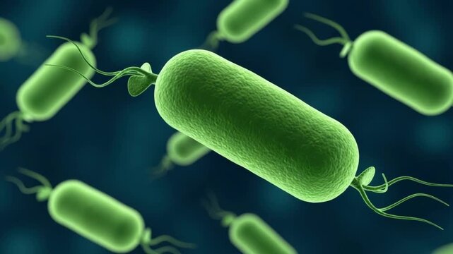 Green bacteria with flagella on dark blue background, microbiology concept