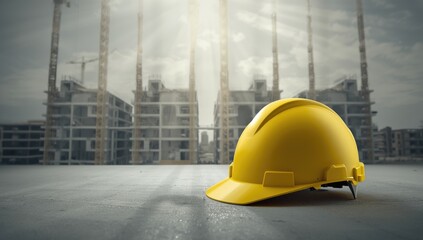 Hard hat safety gear in a construction environment, highlighting workplace protection protocols, Occupational Safety and Health Day